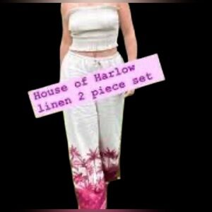 House of Harlow 1960 2 Piece Top & Pants Set Linen Blend Tropical Print Size S